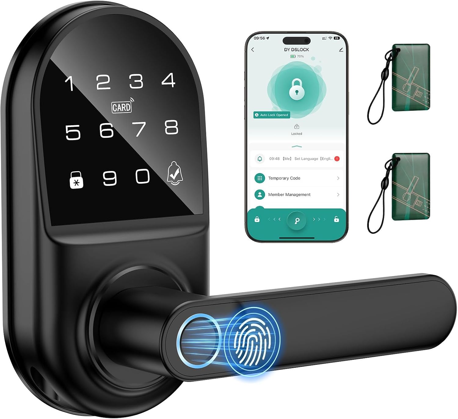 Smart keypad Door Lock with Handle，Fingerprint Keyless Entry Digital Lock with Built-in doorbell for Front Door,Bedroom,biometric Door knob, APP Control