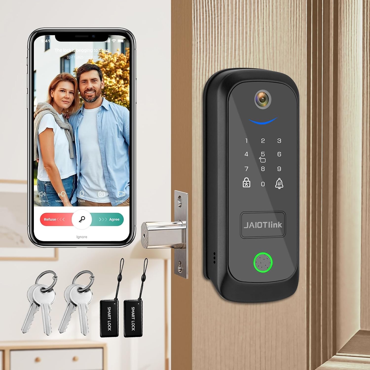 JAIOTlink 5 in 1 Smart Lock for Front Door, Keyless Entry Deadbolt with Camera & Doorbell, WiFi Secure Electronic Lock for Home, Fingerprint, Keypad, Voice Changer, Compatible with Alexa, Black