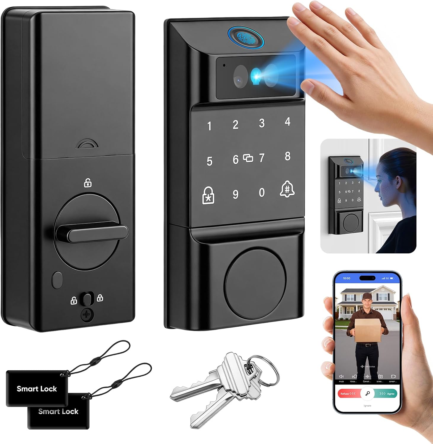 Smart WiFi Door Lock with Palm Print&amp;Facial Unlock, Doorbell Chime Deadbolt