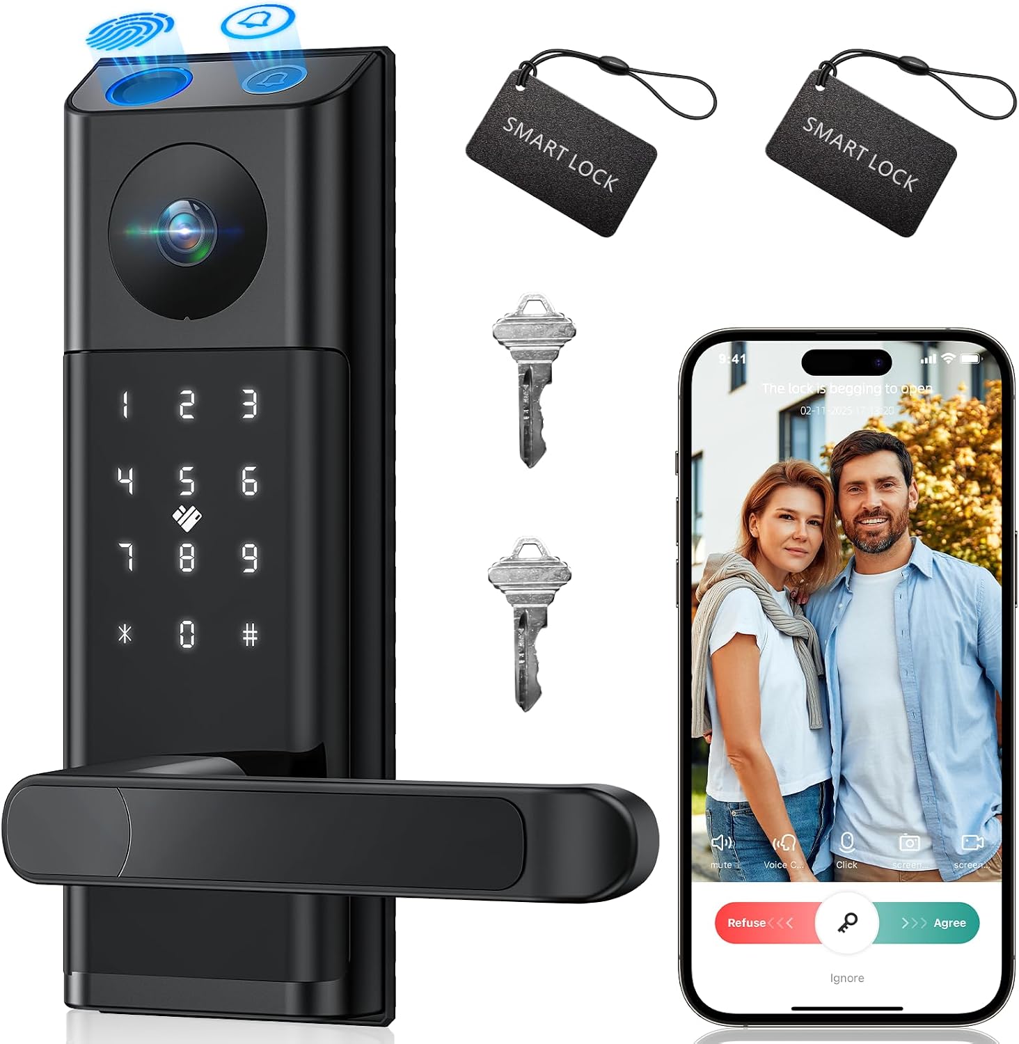 Video Smart Lock with Camera &amp; Doorbell, 5-in-1 Door Lock with Handle
